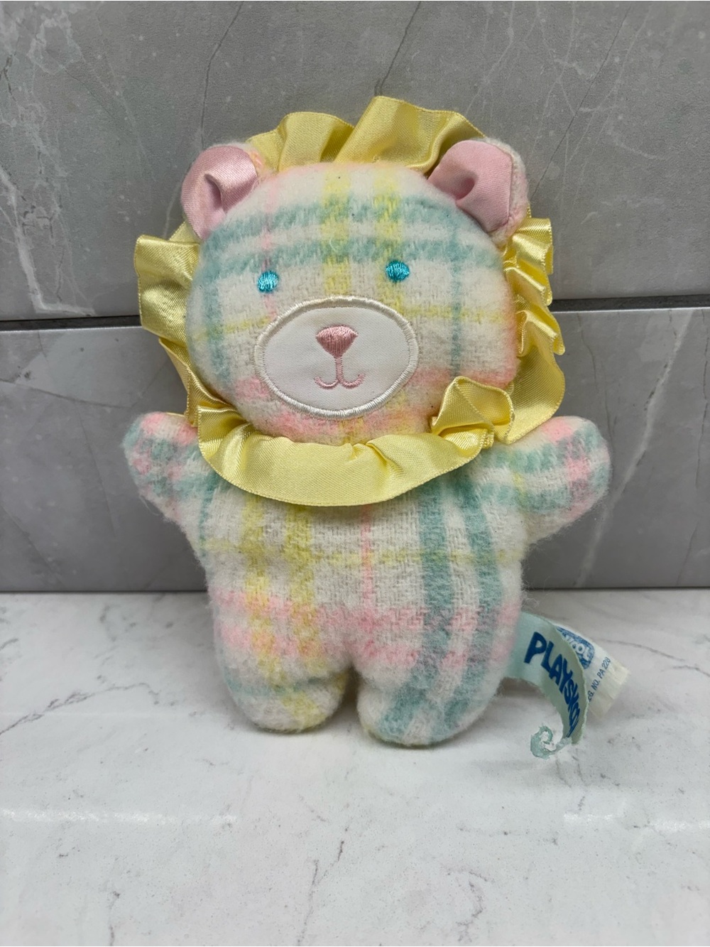 Vintage Playskool Lil Blankies Snuzzles Plaid Pastel Lion Rattle Plush Satin